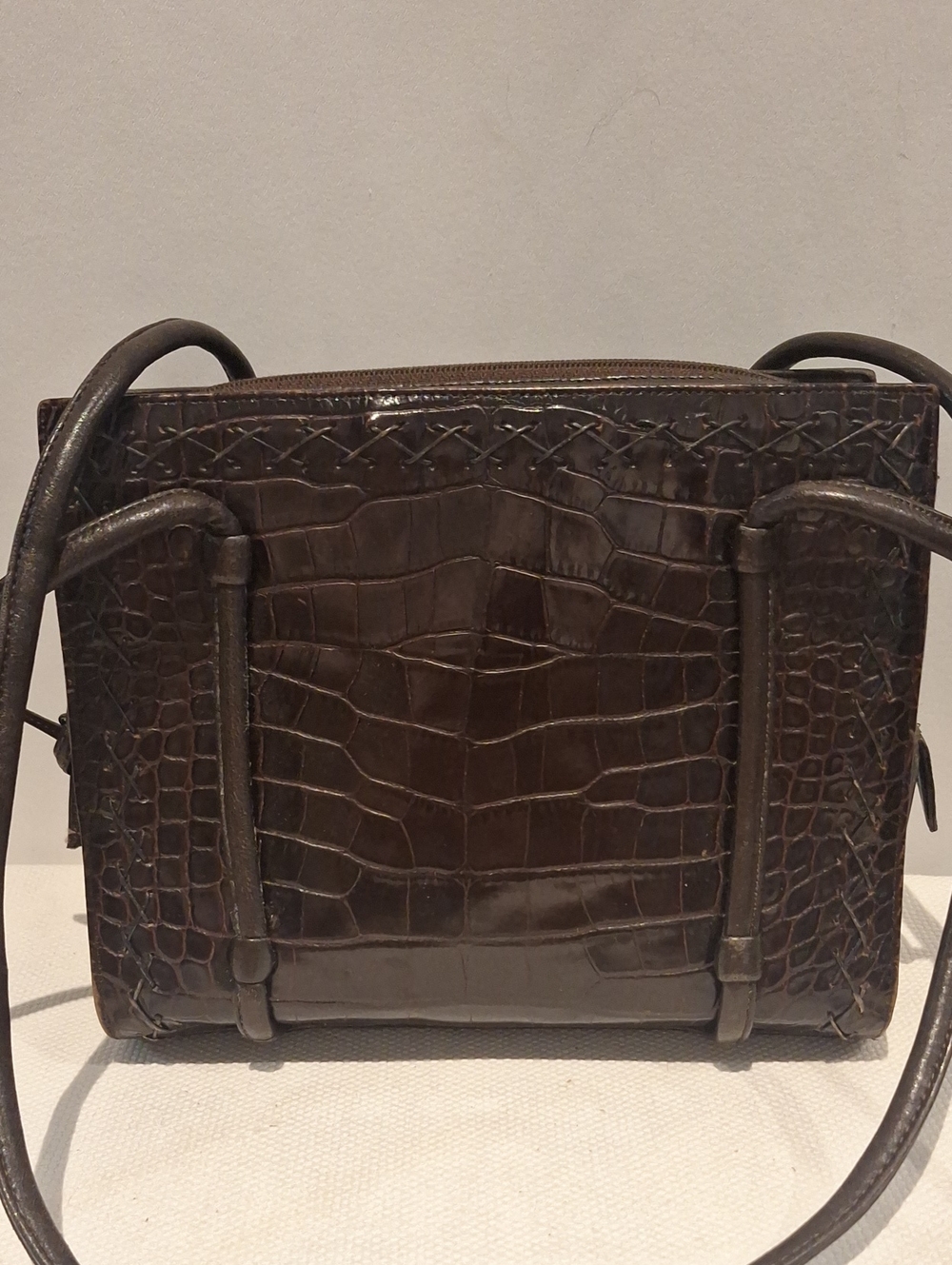 Vintage Sharif Dark Brown Croc-Embossed Leather Crossbody Bag